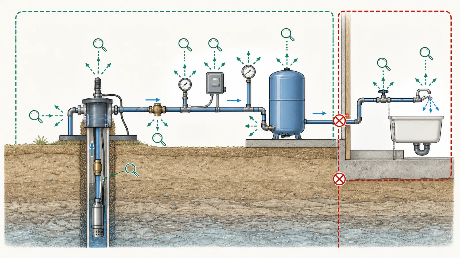 Pump system evidence path from well and pump through controls, tank, gauge, and household fixtures