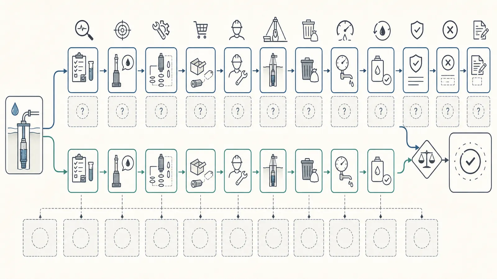 Quote normalization grid linking diagnosis to parts, labor, access, startup, warranty, and exclusions