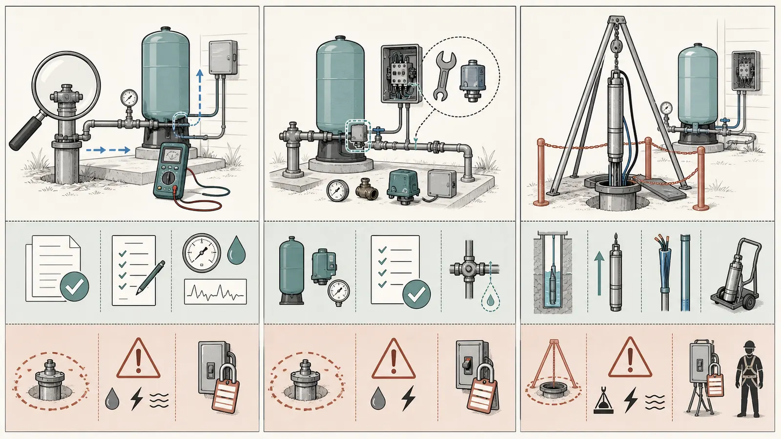 Three quote scopes compared: diagnostic visit, above-ground repair, and pump-pull work
