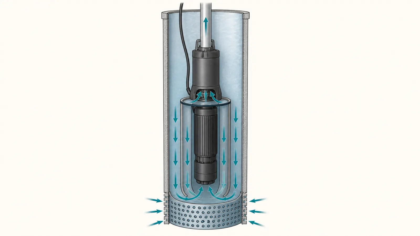 Well cutaway showing a submersible motor inside casing, water moving down the annulus and into the pump inlet.