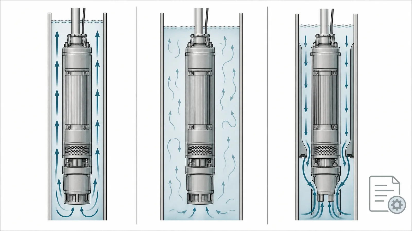 Side-by-side comparison of adequate natural motor cooling, marginal oversized-casing flow, and directed sleeve flow.