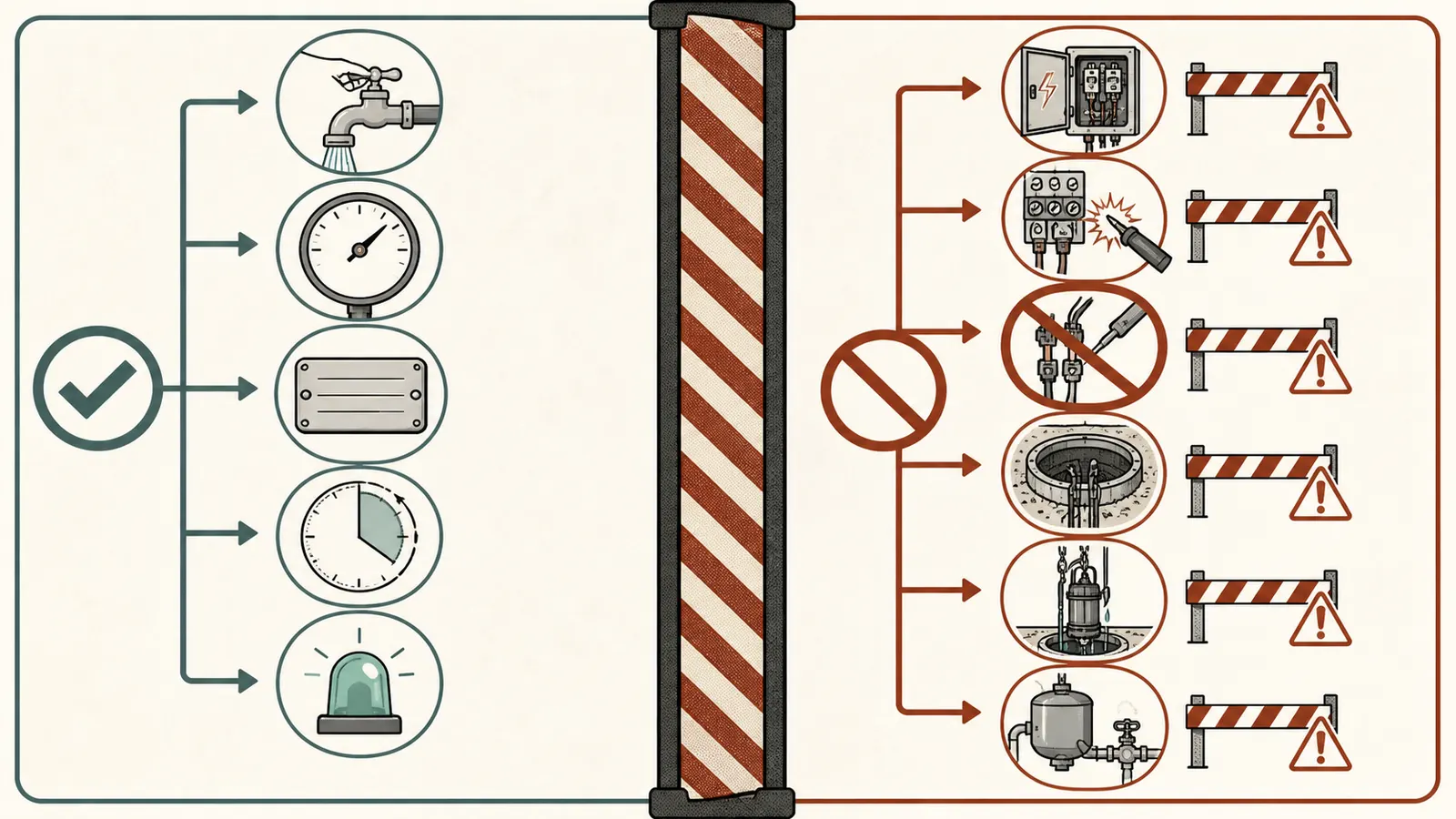 Safe-stop map showing homeowner observations and professional-only electrical and well work