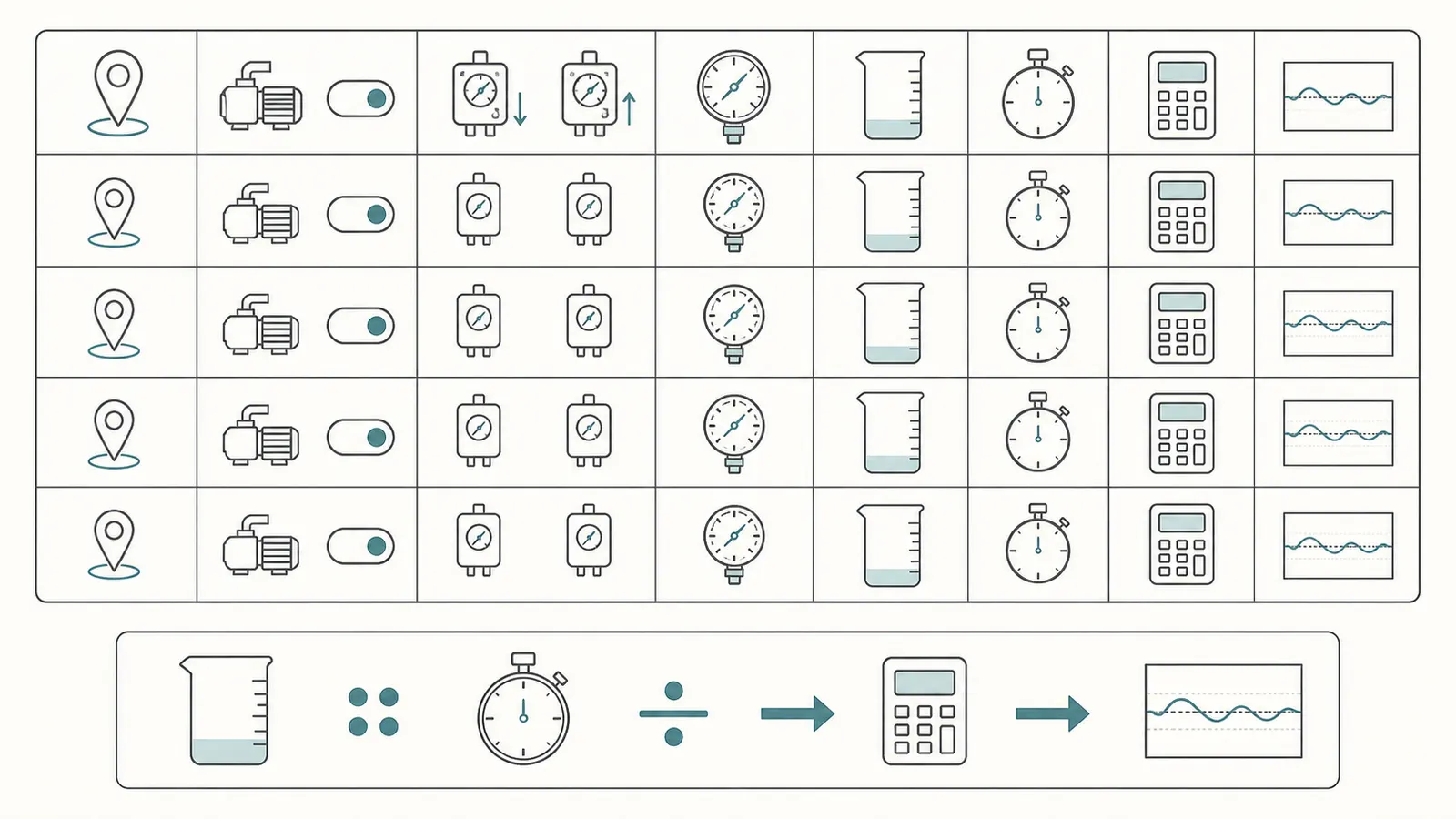 Measurement sequence linking pressure-switch settings, gauge pressure, volume, seconds, and calculated GPM