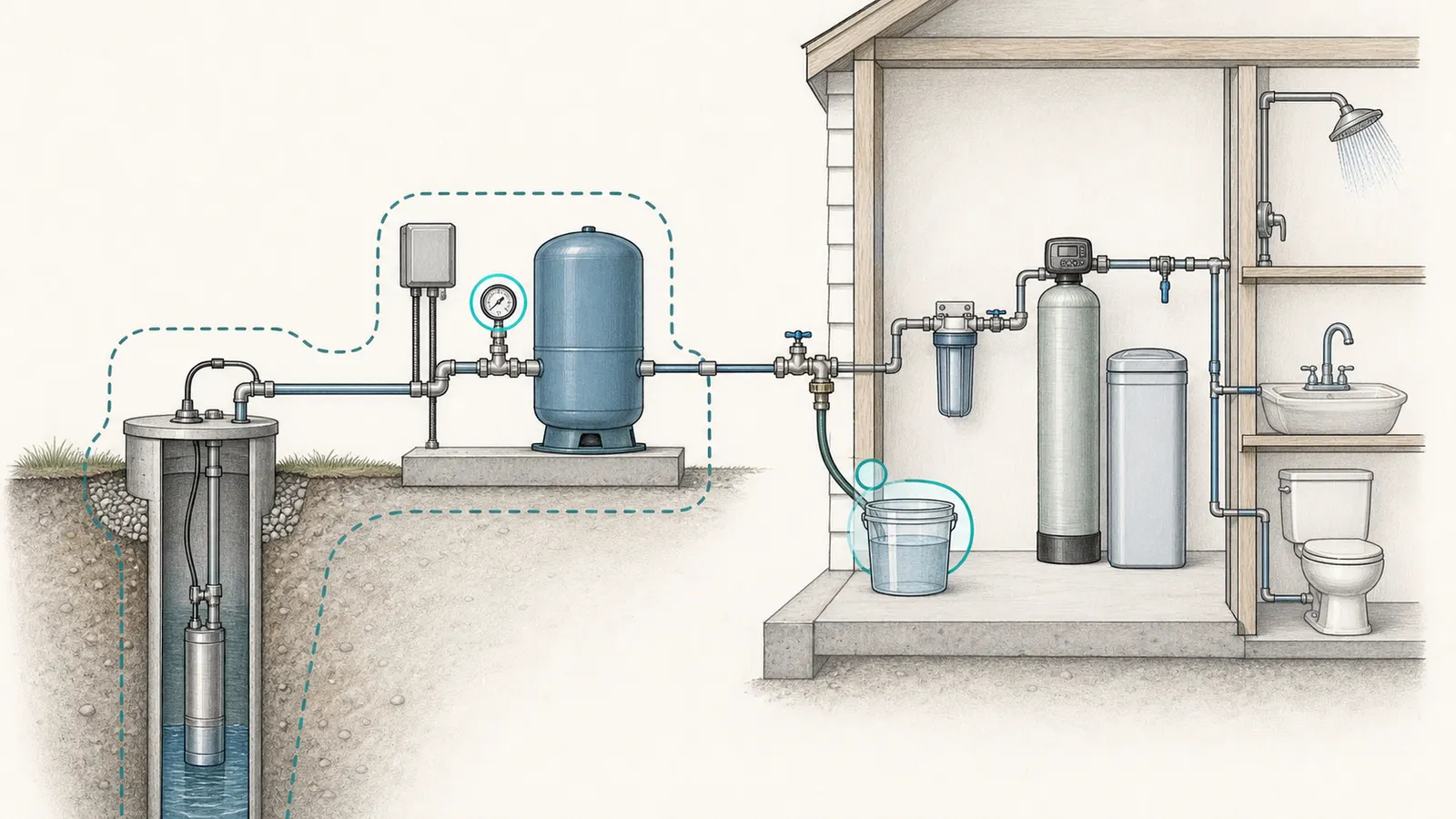 Well pressure system showing the tank-side spigot, gauge, treatment train, and prohibited service areas