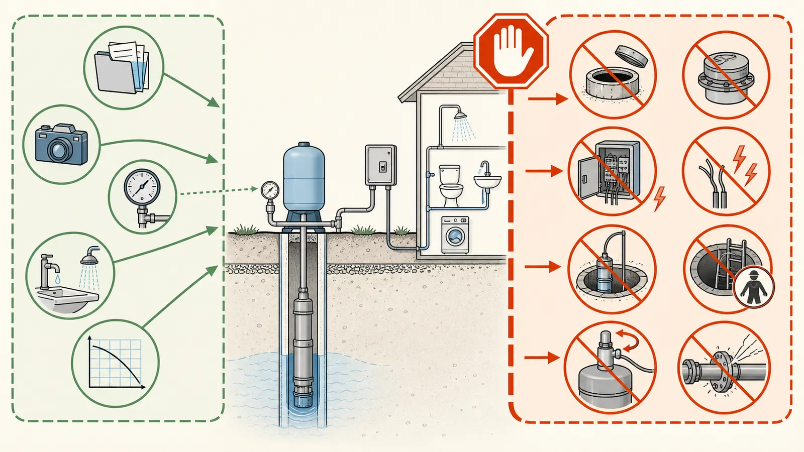 Homeowner-safe observation boundary around a well system with professional-only work clearly marked