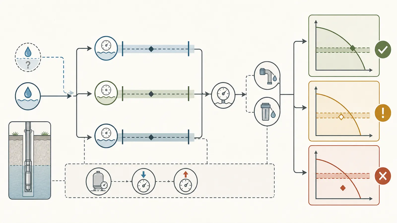 Decision map showing lower, design, and upper TDH scenarios based on pumping level and pressure