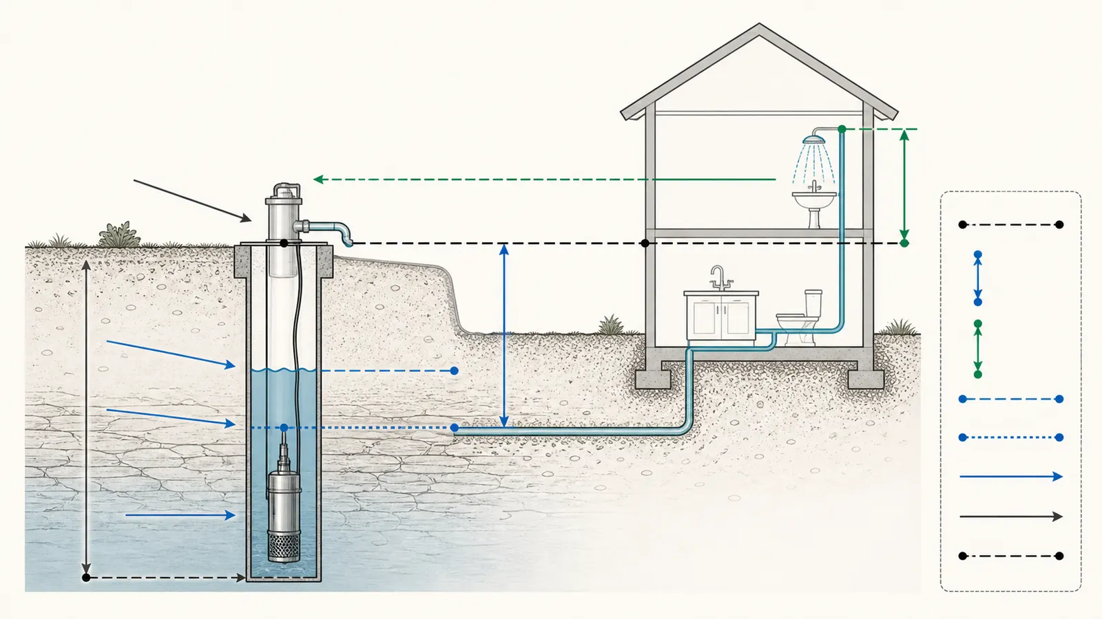 Private well cutaway showing static level, pumping level, pump intake, wellhead, highest fixture, and vertical lift