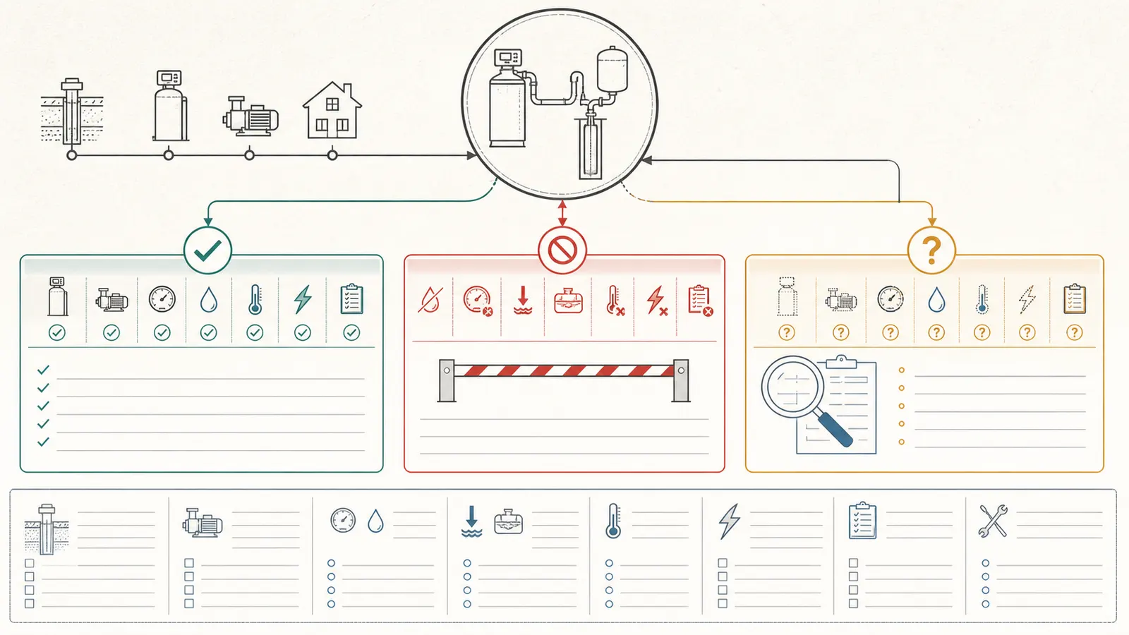 Evidence board linking failure date, weather or power event, technician findings, photos, parts, estimates, and receipts