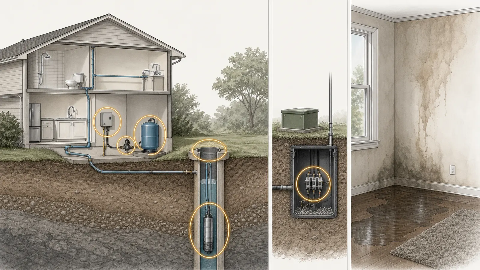 Private-well system cutaway labeling the pump, controls, pressure tank, buried line, wellhead, and house damage zones