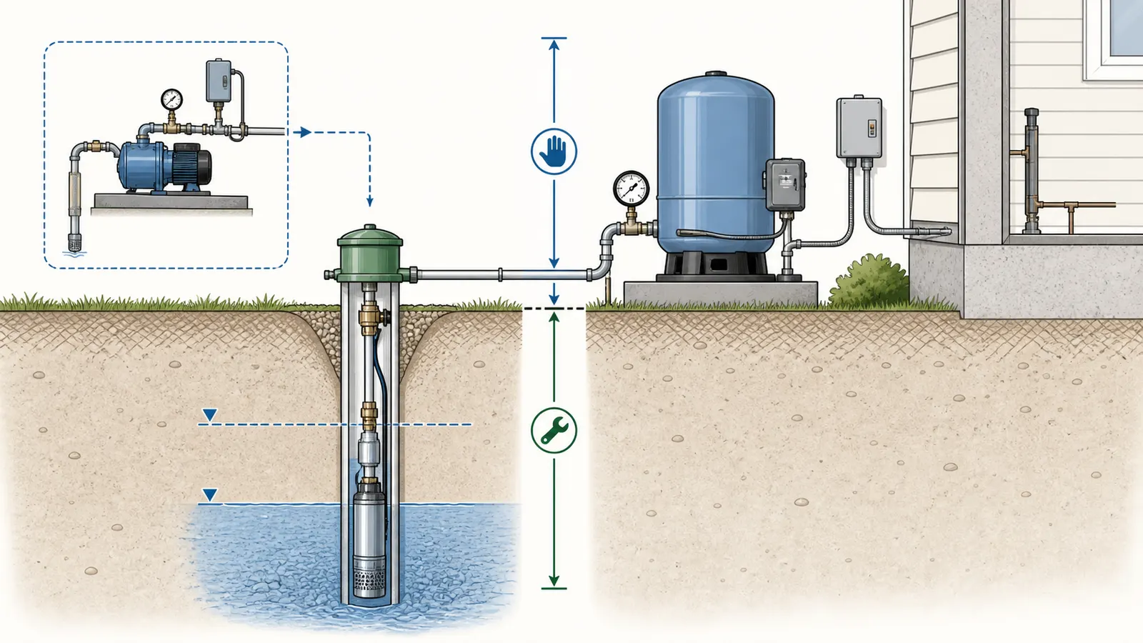 Cutaway of a private well system labeling pump, motor, cable, drop pipe, well screen, tank, gauge, and control box