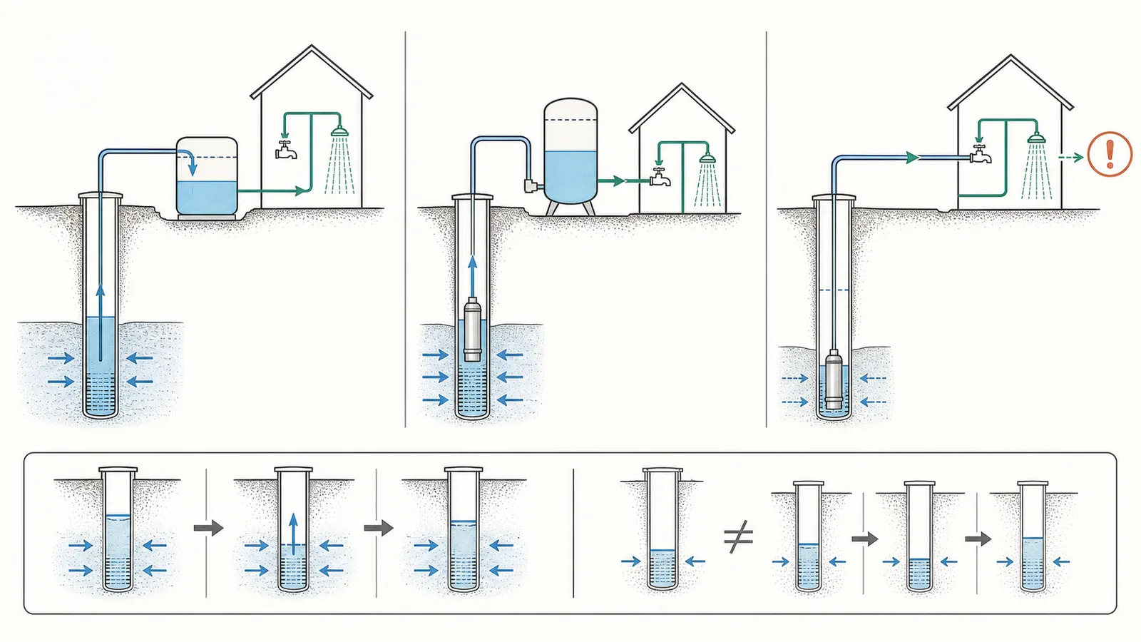 Yield-and-demand diagram comparing well recovery, household peak demand, pressure storage, and over-pumping risk