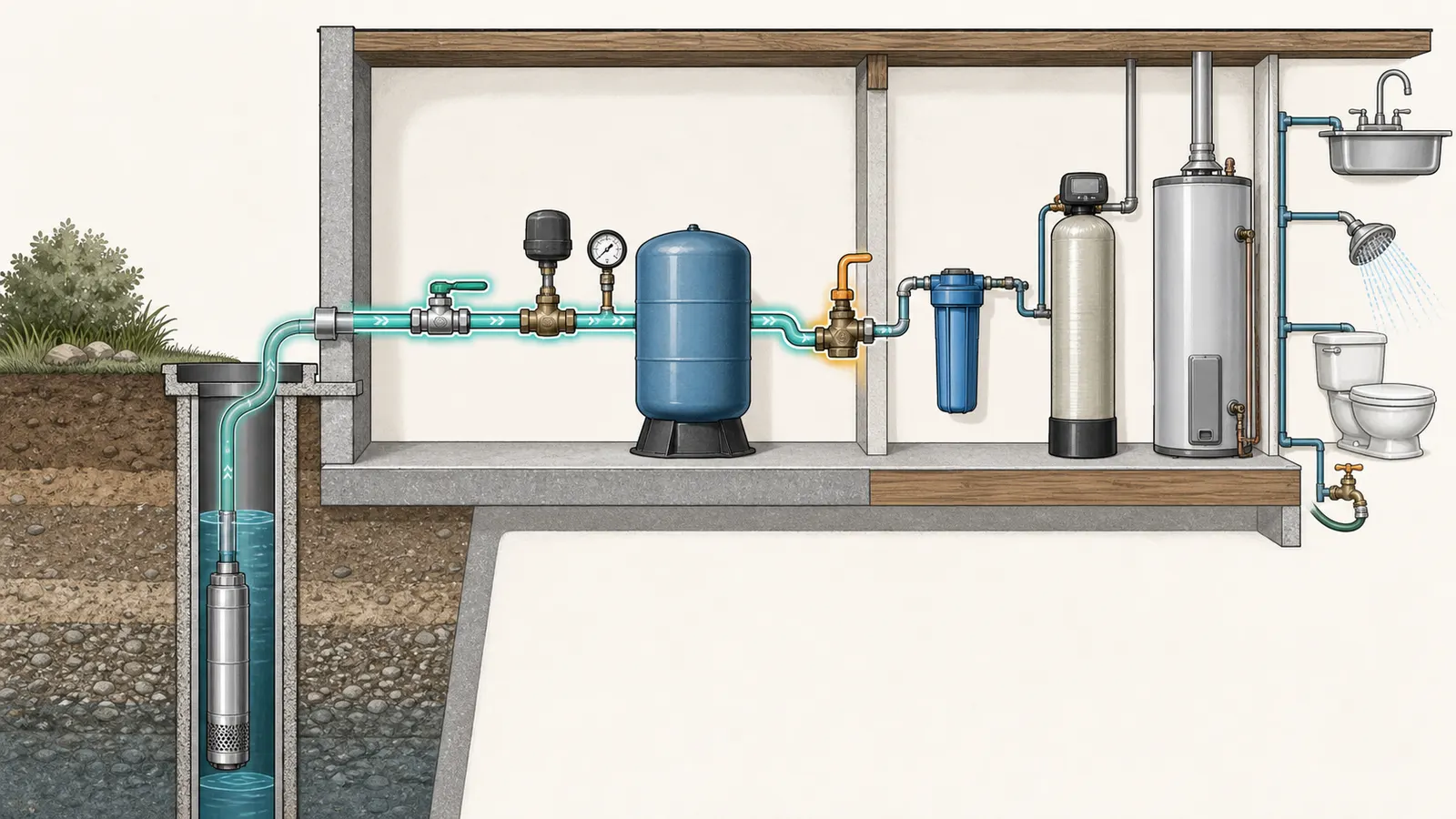 Private-well cutaway showing the pump, pressure tank, pump-to-tank valve, and house-side isolation valve