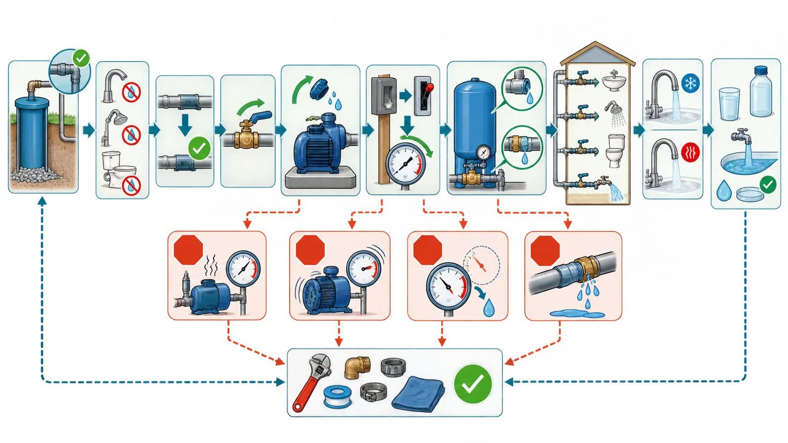 Staged restart flow from visual inspection to pump pressure, leak check, house zones, fixtures, and water testing