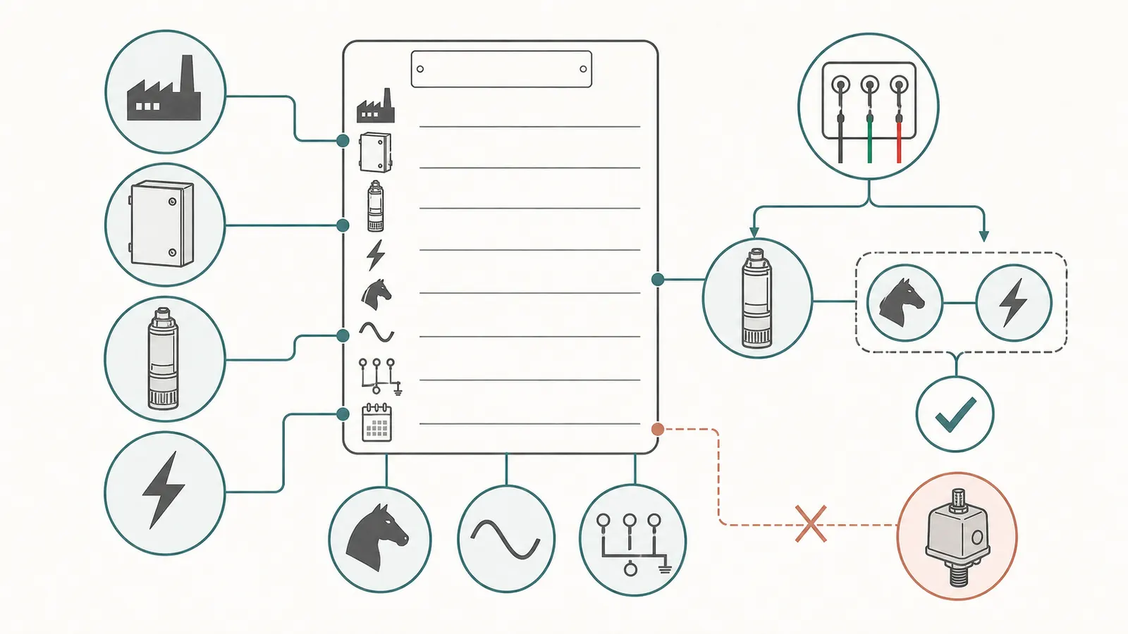 Control-box identity card linking manufacturer, model, voltage, horsepower, and motor configuration