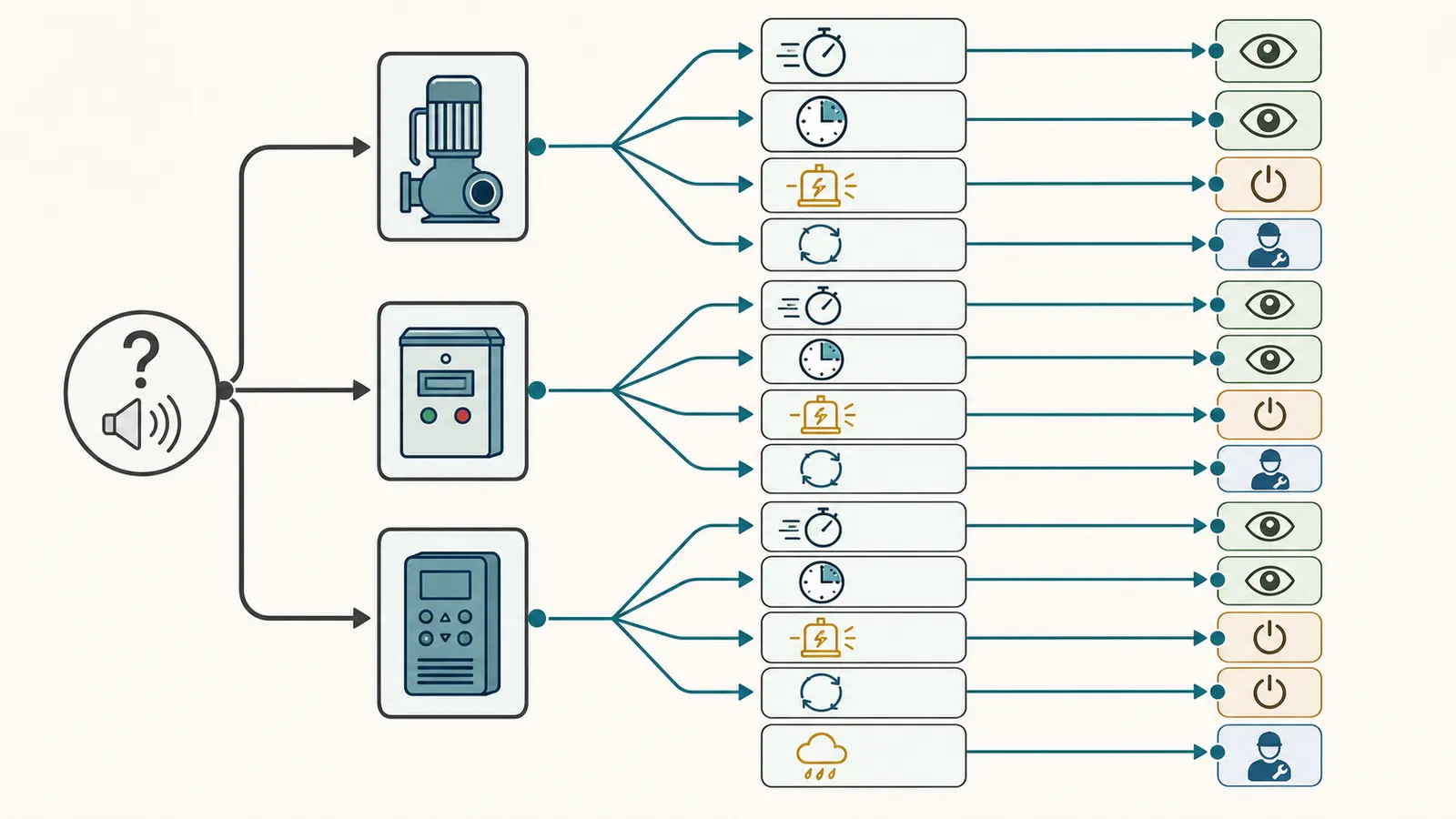 Decision map branching from a well-pump hum by duration, breaker behavior, and pressure response.