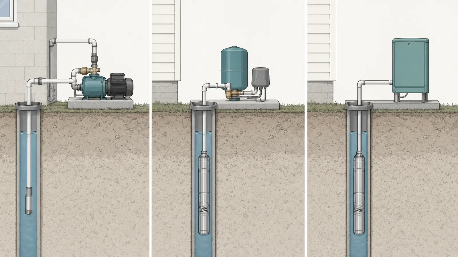 Comparison of an above-ground jet pump, a two-wire submersible system, and a three-wire system with a control box.