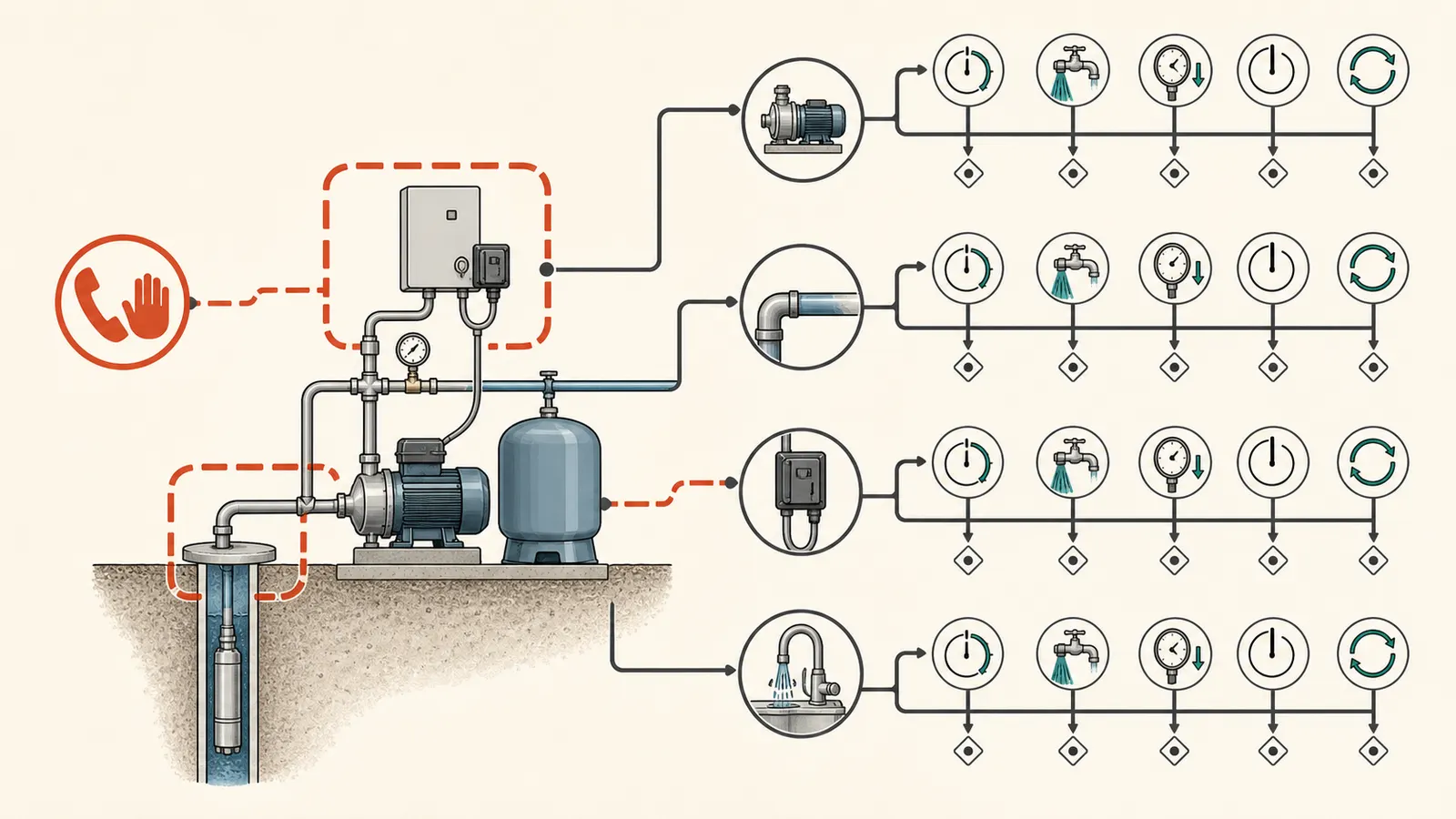 Decision map branching by whether the marble sound is at the pump, pipe, pressure switch, or fixtures and when it starts