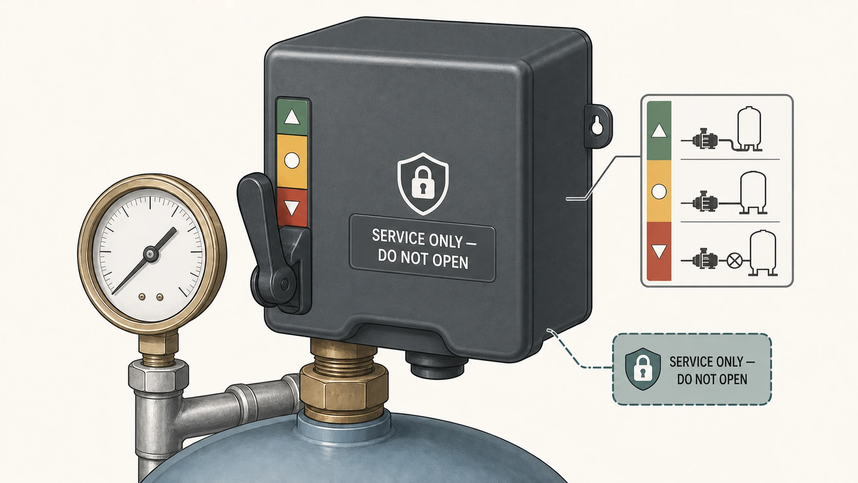 Closed pressure-switch enclosure beside a gauge, with the external low-pressure label visible and a service-only boundary