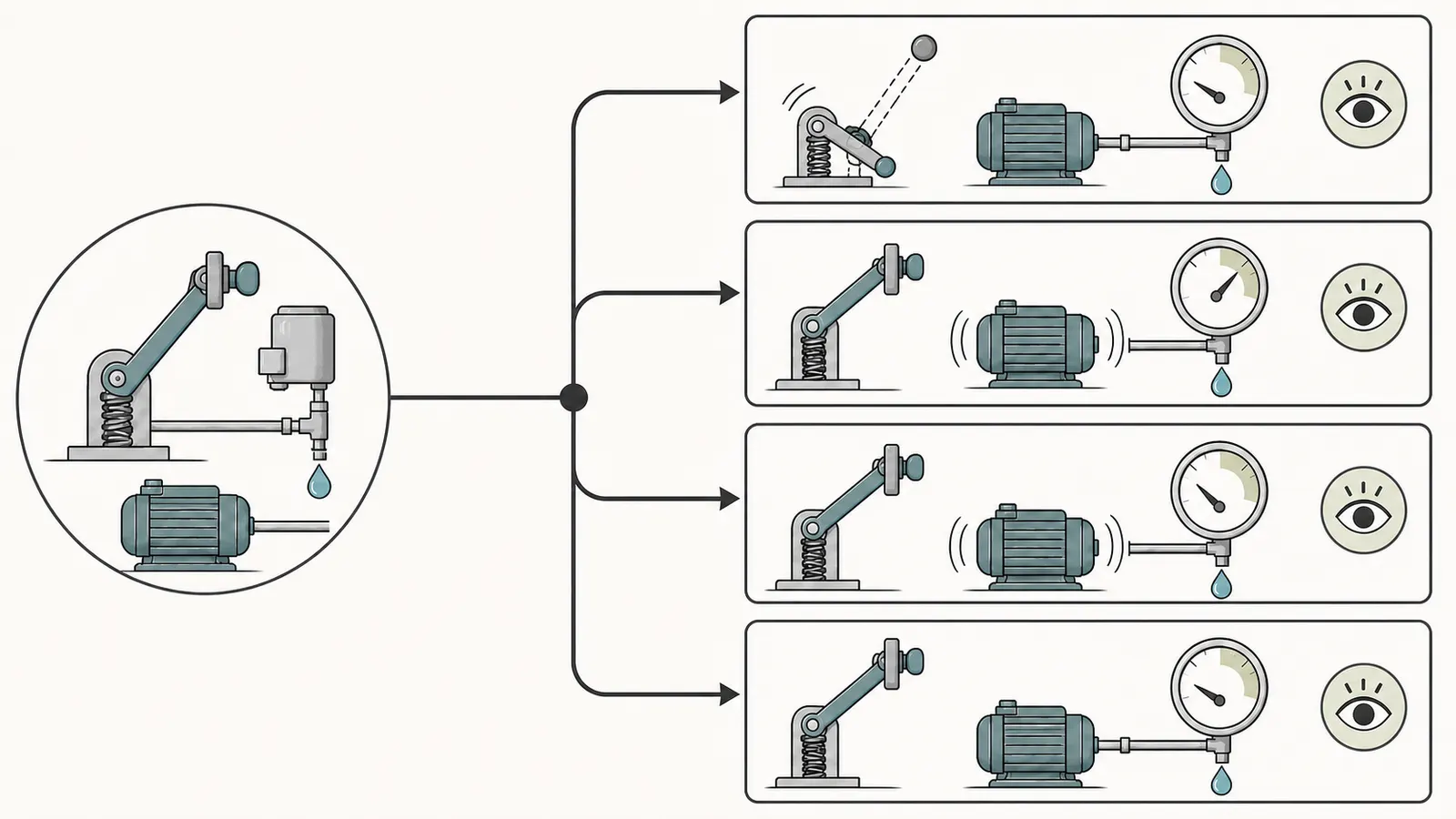 Decision map separating a pump that runs only while a lever is held from one that resets to automatic operation