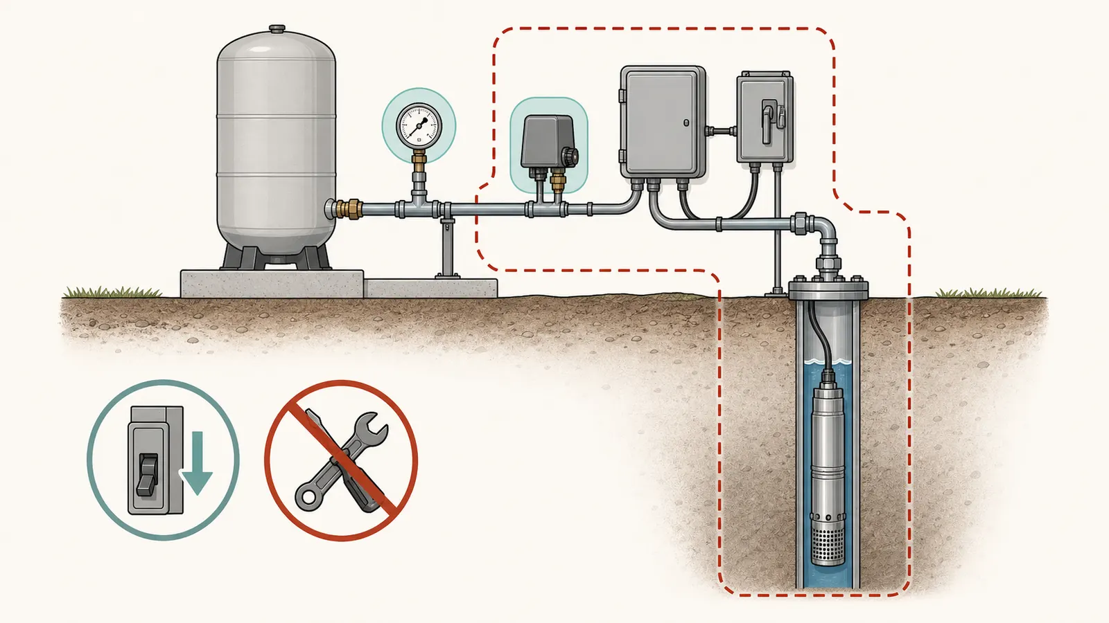 Safe homeowner observation zones around a well tank, gauge, pressure switch, control box, and well head