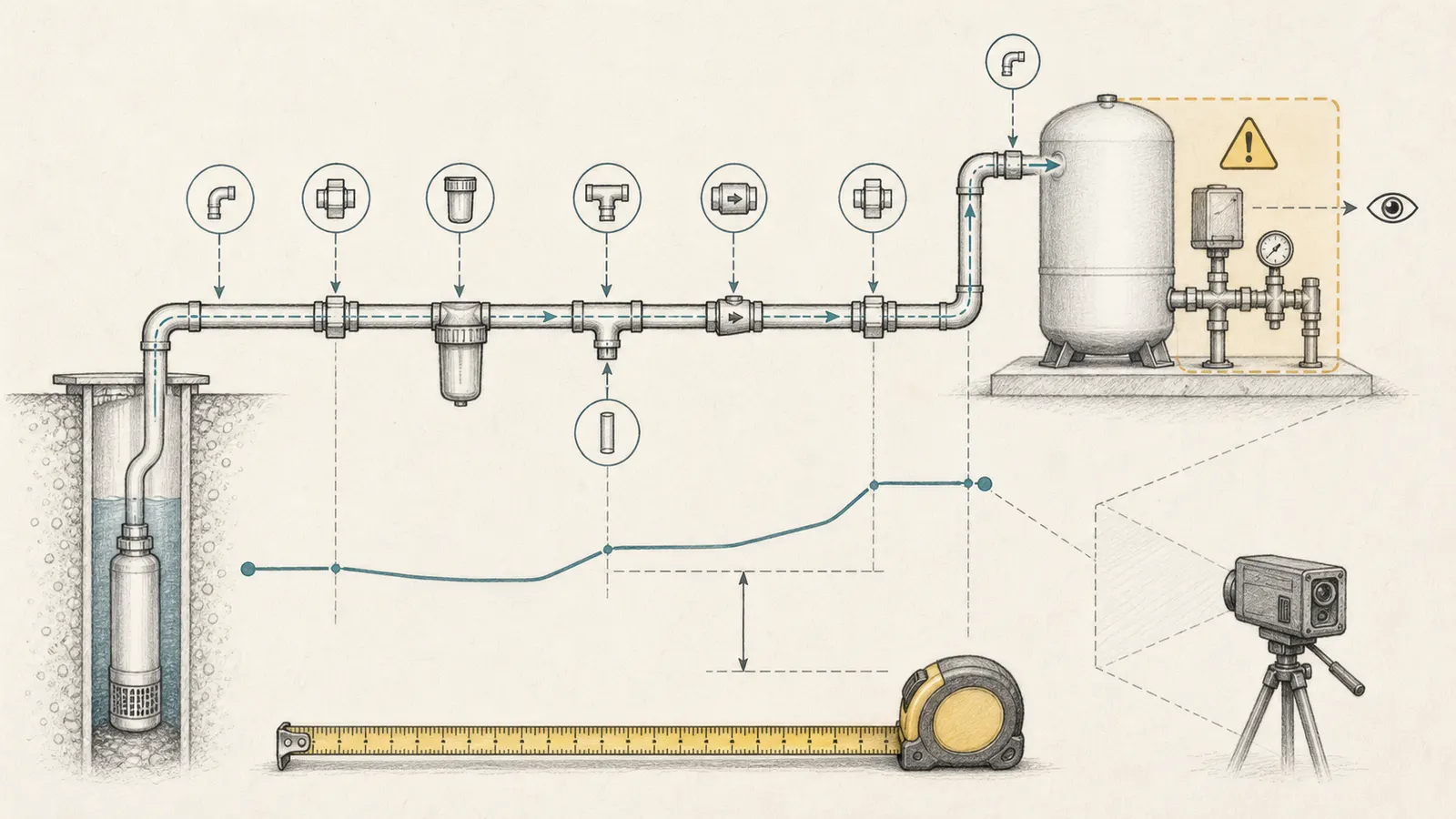 Measurement sketch showing developed length, vertical rise, elbows, valves, and tank connection