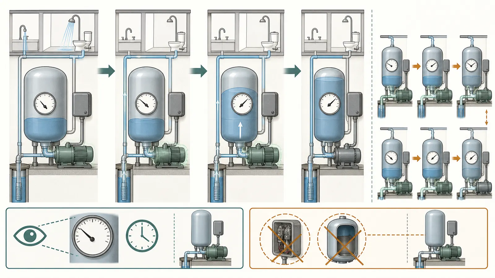 Pressure-tank cutaway showing pump start, tank drawdown, pump stop, and a normal cycle