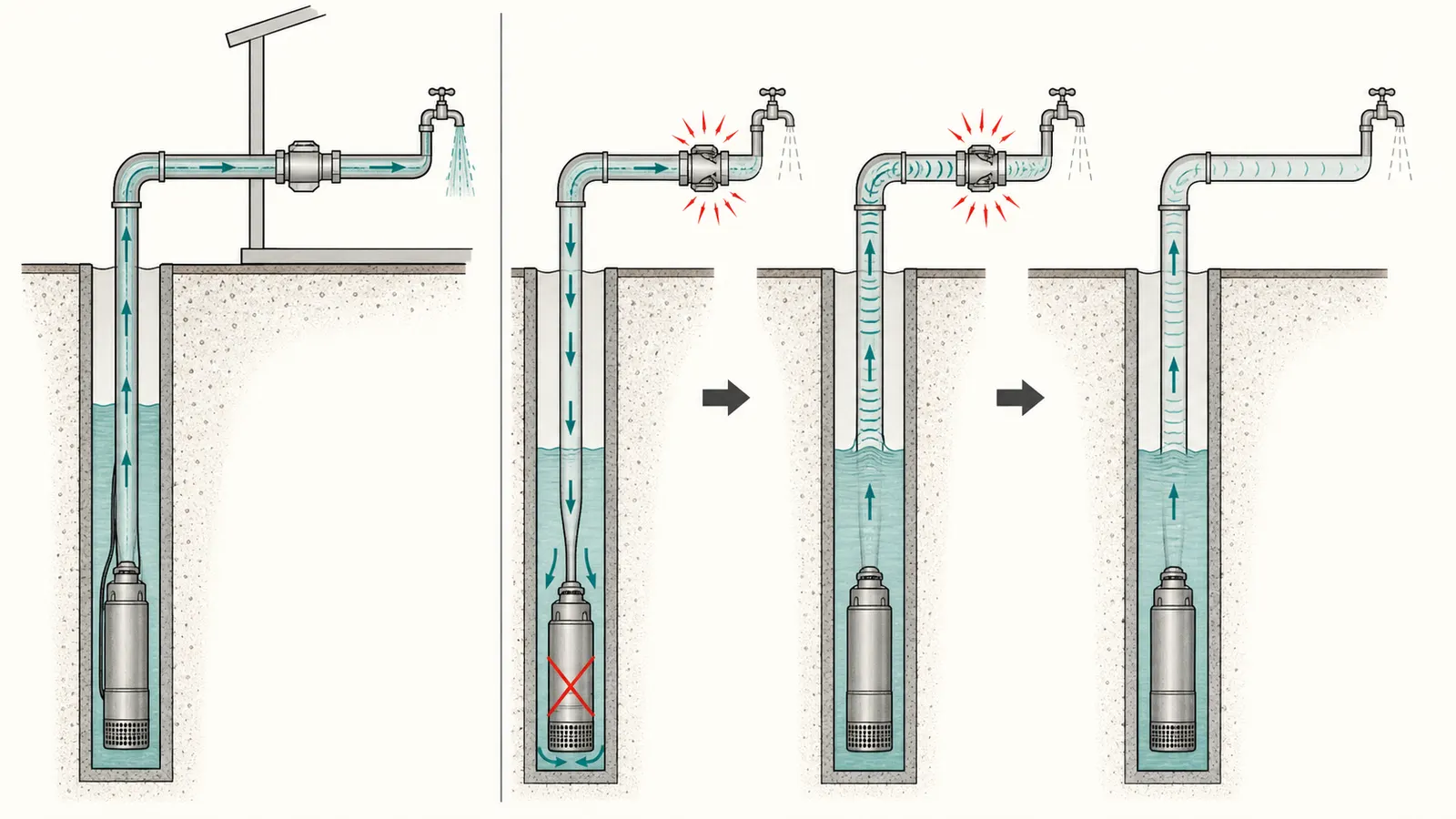 Pump shutdown diagram showing reverse flow, check-valve closure, and a diminishing pressure wave