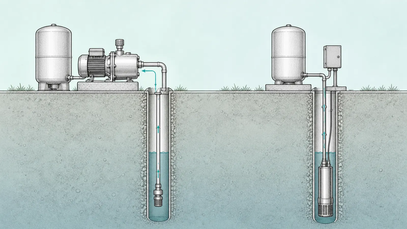 Comparison of an above-ground jet pump with a submersible pump inside a well casing
