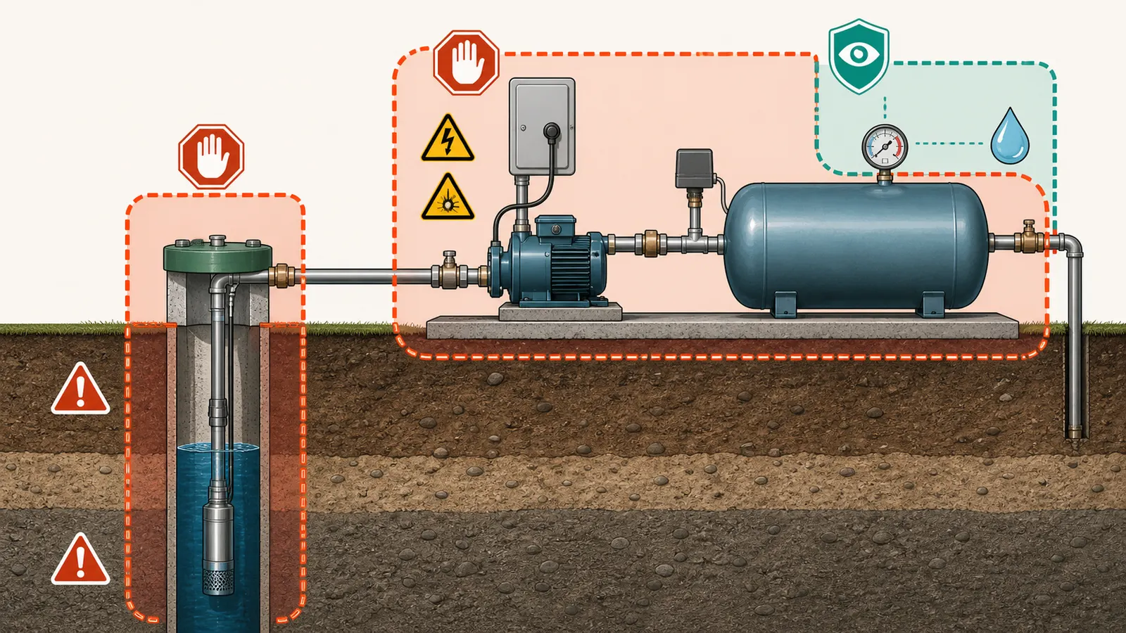 Safe observation boundary around a well pump, pressure tank, controls, and well cap