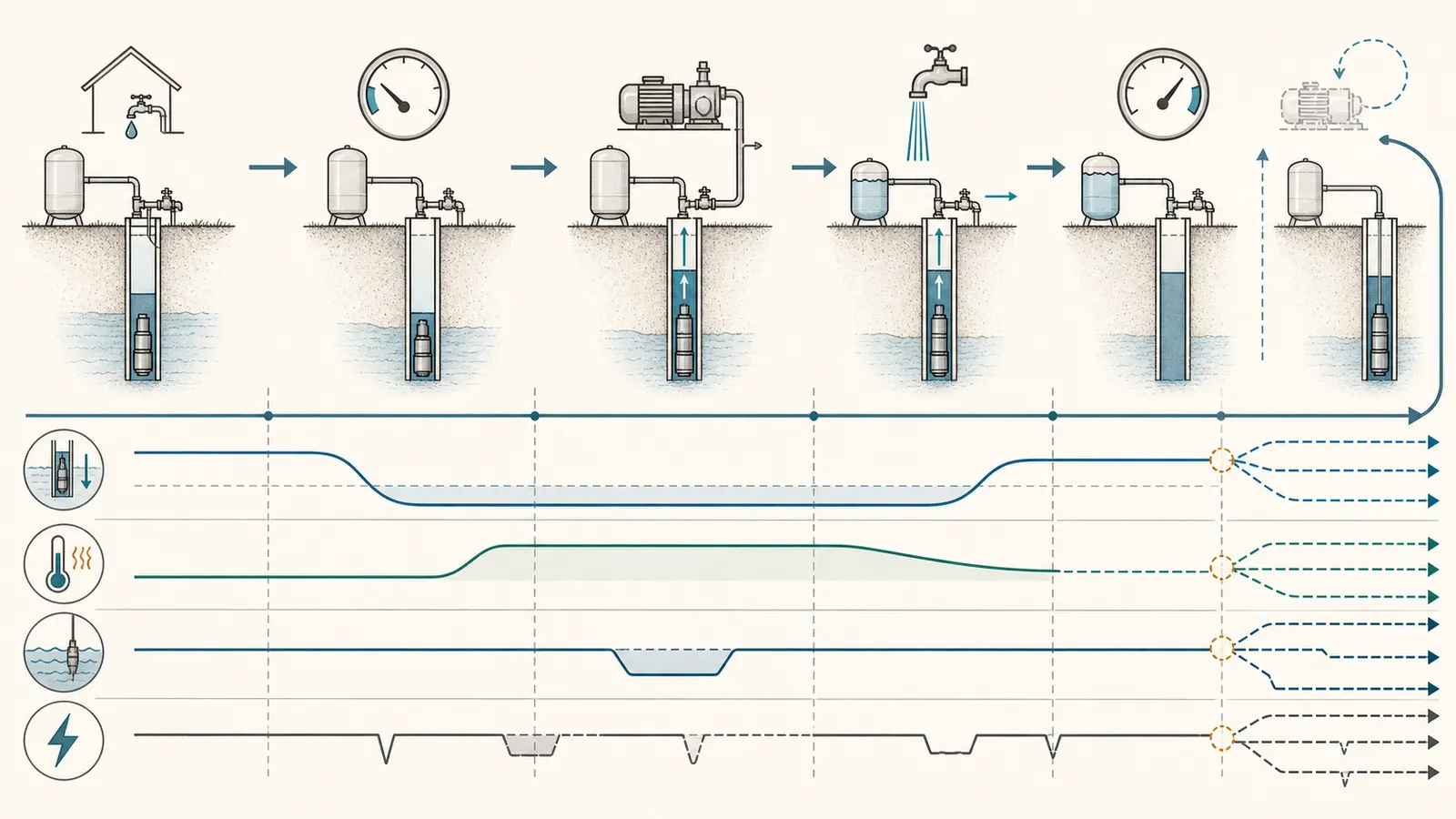 A timeline showing a well pump starting, pressure and flow changing, then stopping after sustained demand.