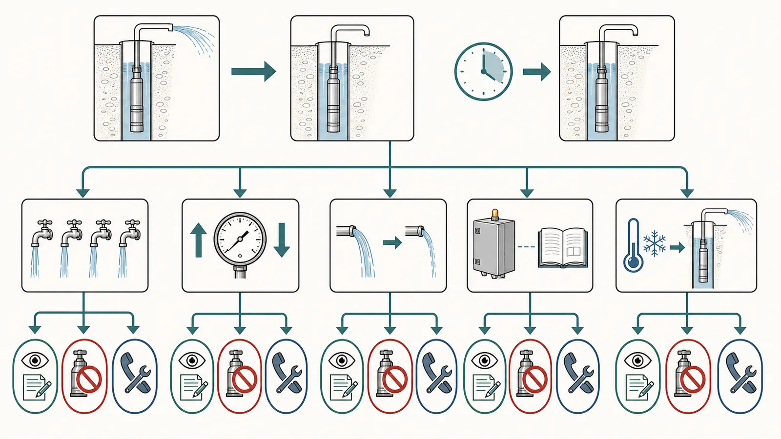 A homeowner-safe decision map using pressure gauge, water flow, demand, and controller observations.
