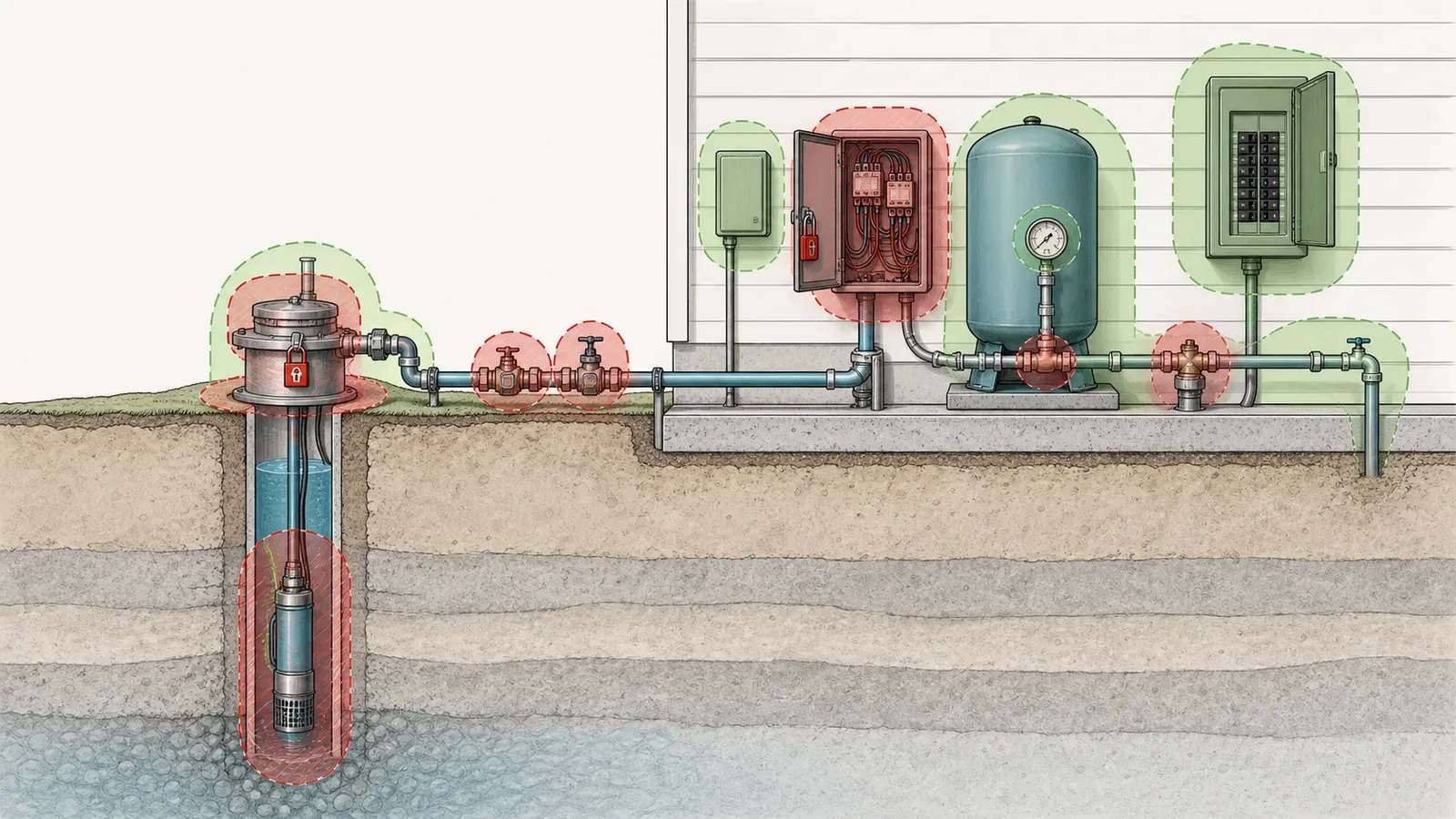 A cutaway-style boundary showing visible homeowner observations and restricted well-pump service areas.