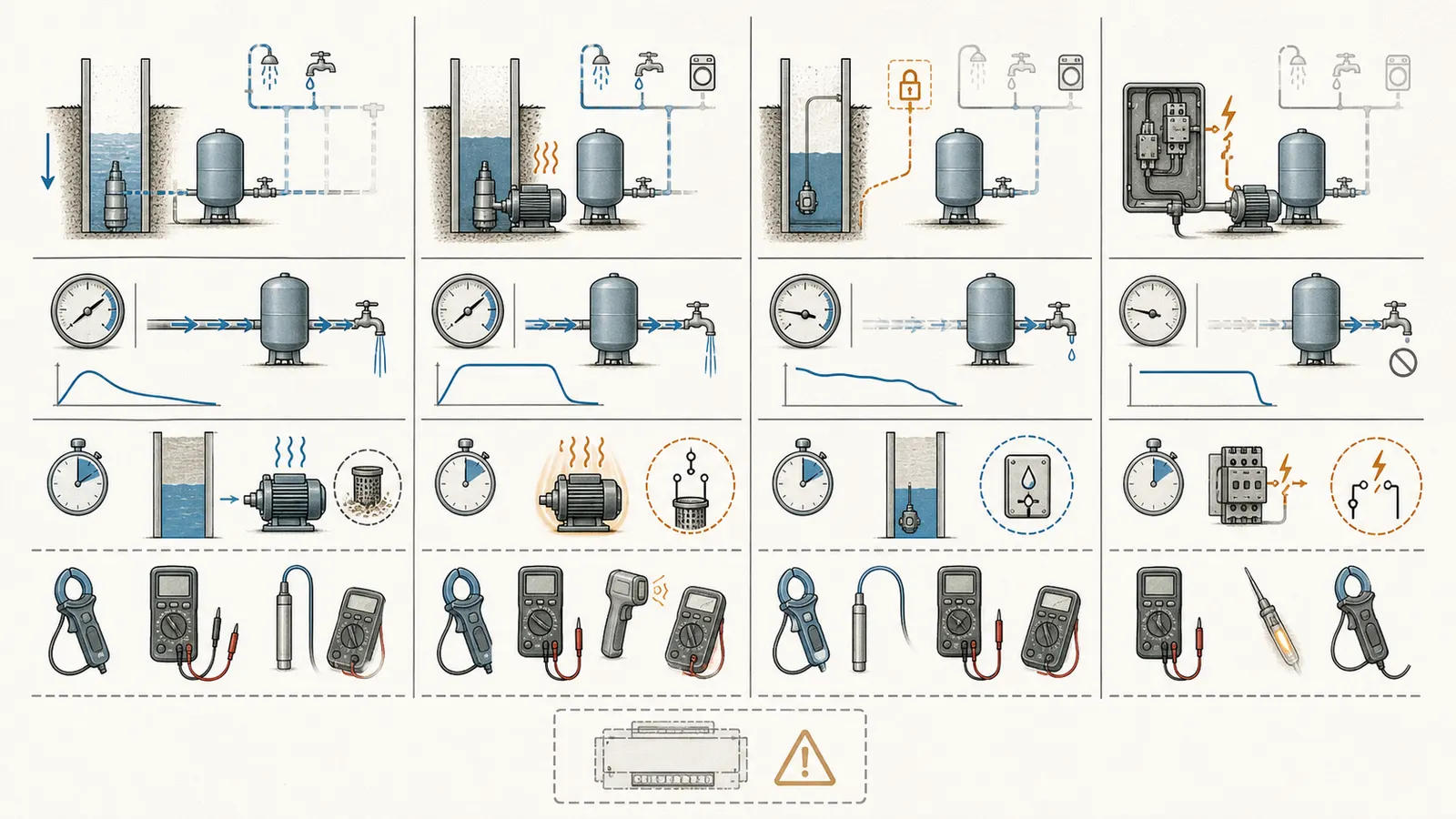 A comparison of well drawdown, thermal protection, documented low-water protection, and electrical fault clues.