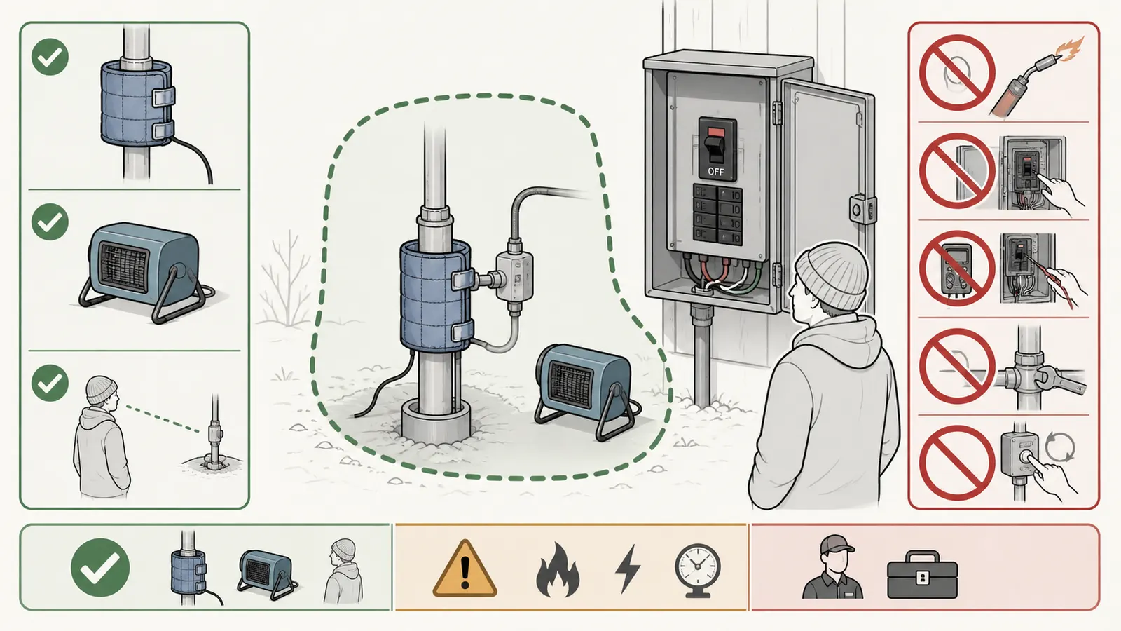Safe thawing boundary showing indirect electric heat, fire clearance, and the pump breaker kept off.