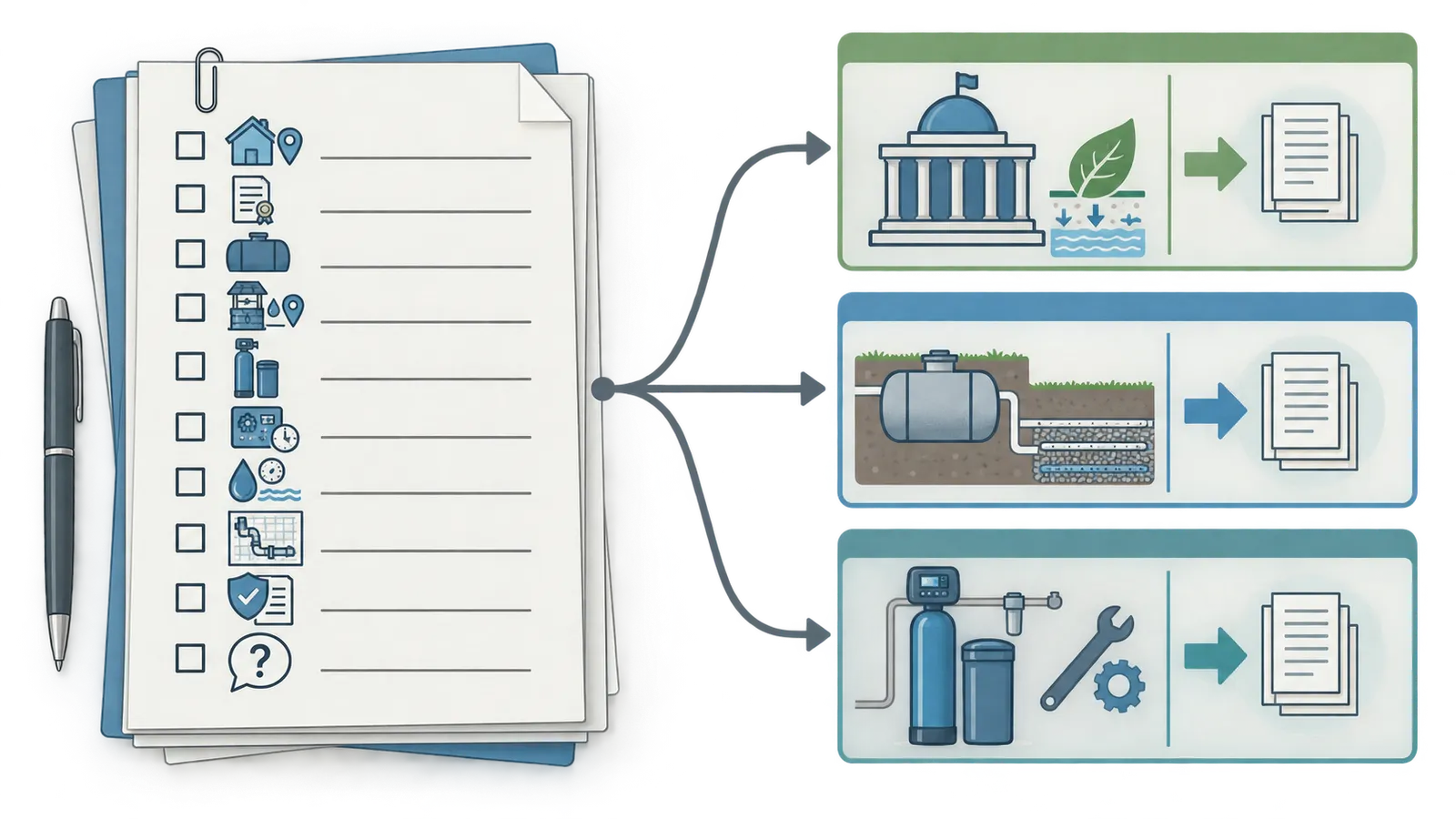 Checklist of records a homeowner brings to the health authority, septic professional, and softener installer