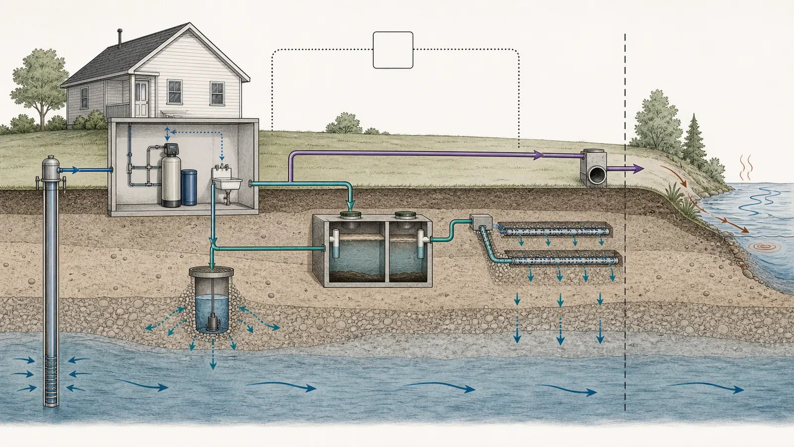 Property cutaway showing softener drain routes, septic drainfield, private well, and a local setback review boundary