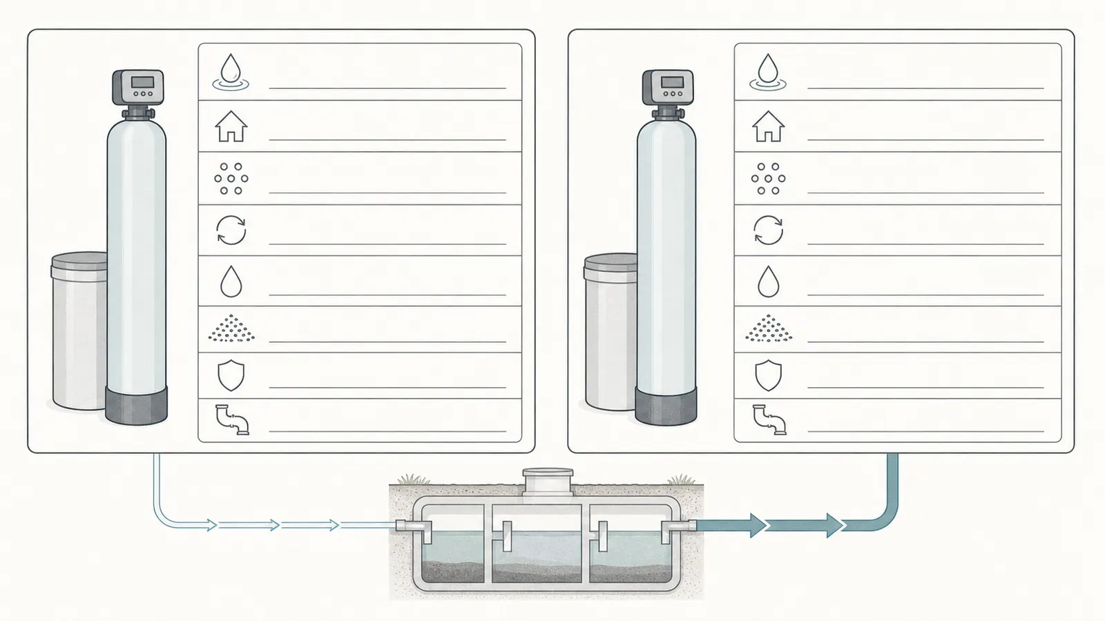 Softener record comparing regeneration mode, water per cycle, salt efficiency, and actual household demand