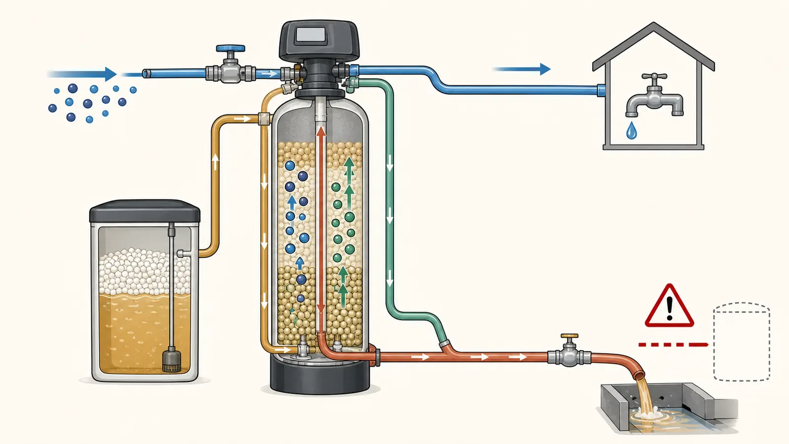 Water softener diagram showing resin exchange, brine regeneration, backwash, and drain discharge