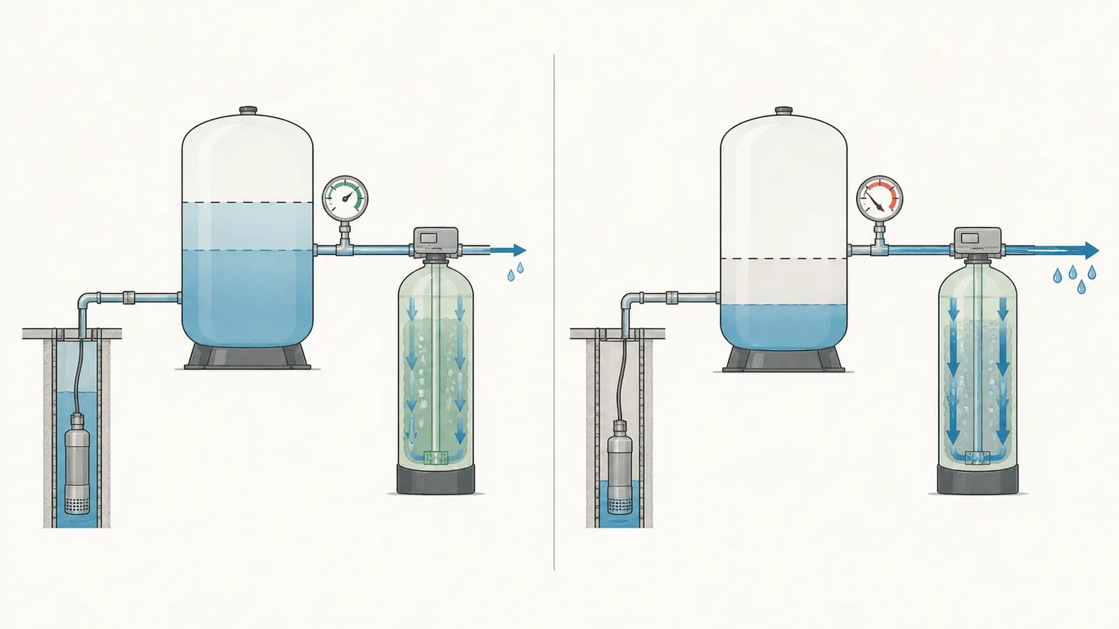Pressure-tank drawdown buffer compared with sustained well yield