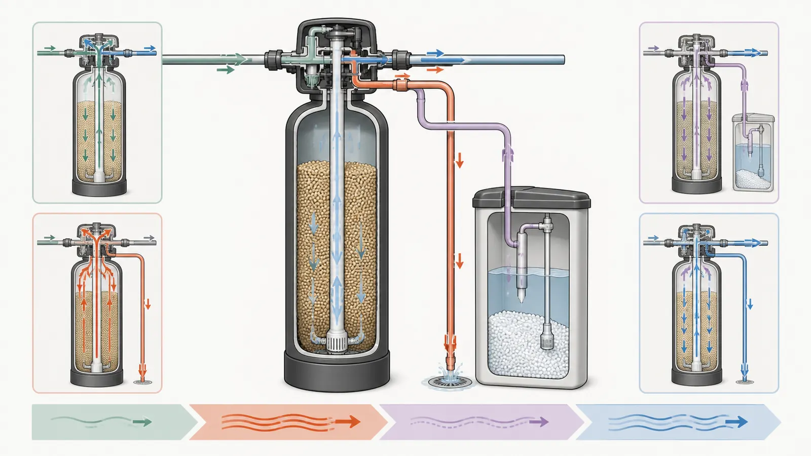 Softener resin tank with service, backwash, rinse, and refill flow paths