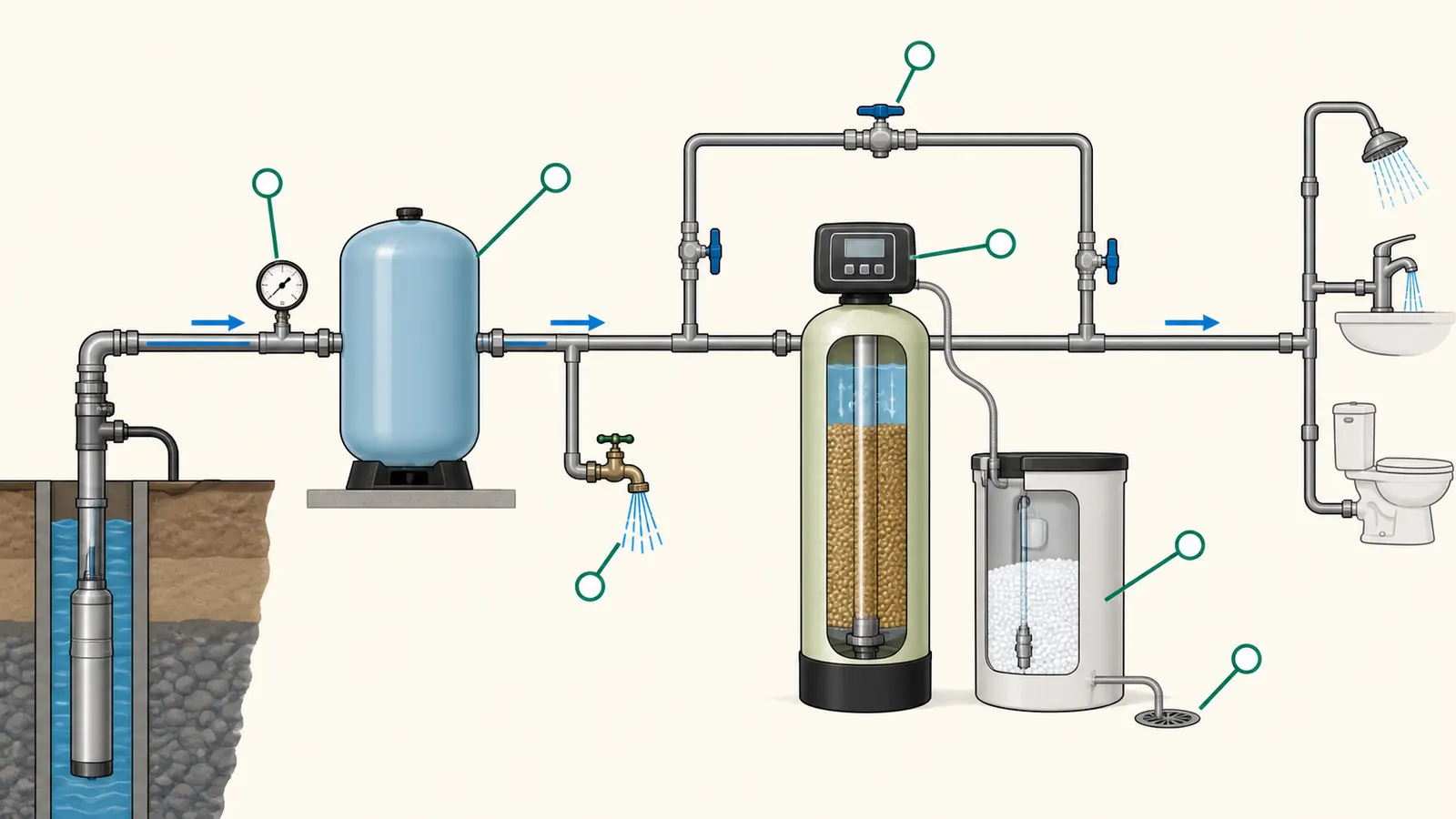 Well pump, pressure tank, softener, and house plumbing shown in the correct order