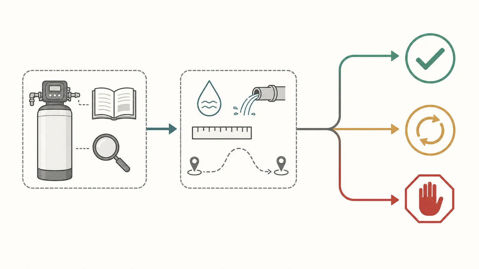 Decision map leading from exact model and measurements to pass, recheck, or stop