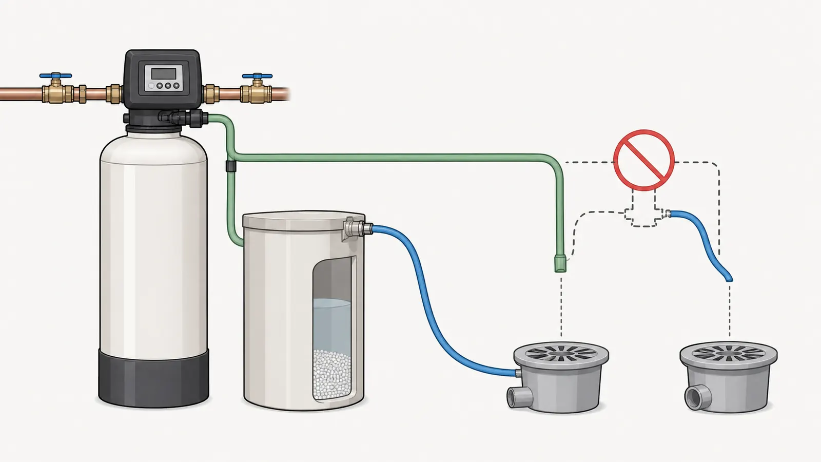 Diagram separating the pressurized valve drain from the brine-tank overflow route