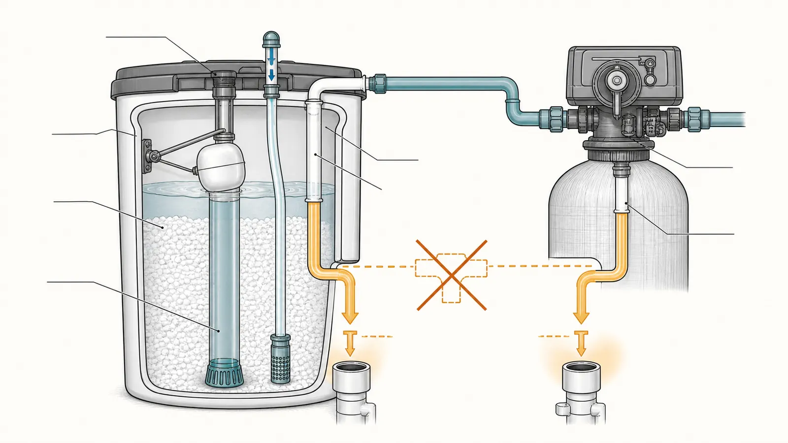 Brine tank cutaway labeling safety float, air check, separate overflow line, control-valve drain, and air gaps.