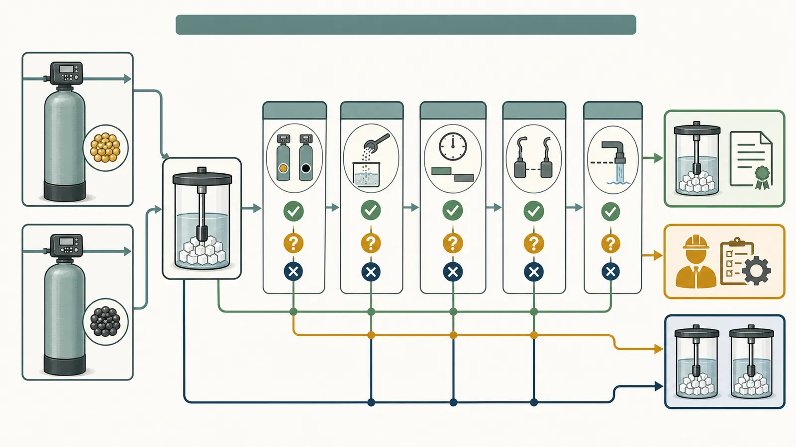Decision map leading from known model data to shared tank, professional review, or second brine tank.