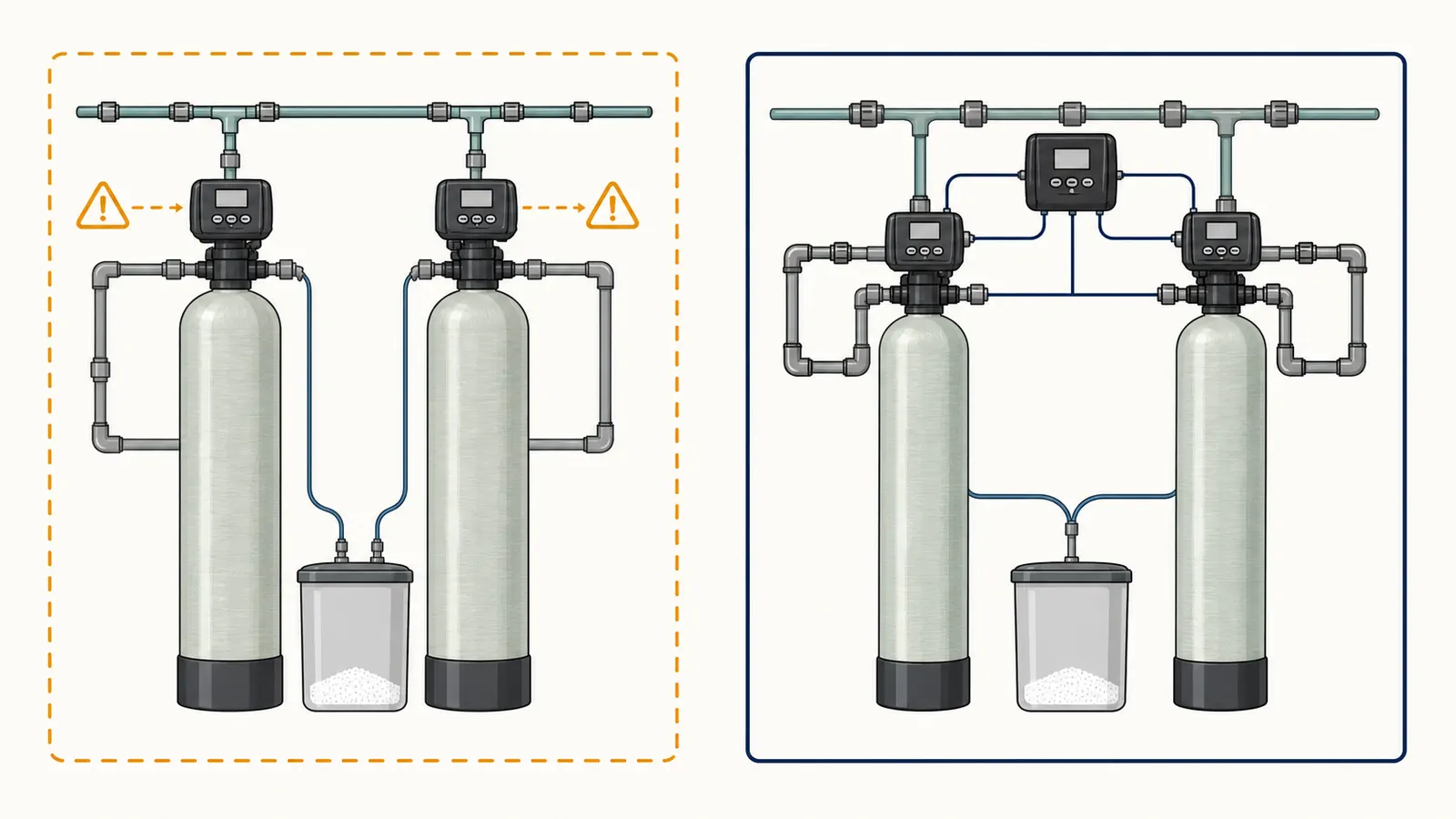 Diagram comparing two independent softener valves teeing into one brine tank with a purpose-built twin system.