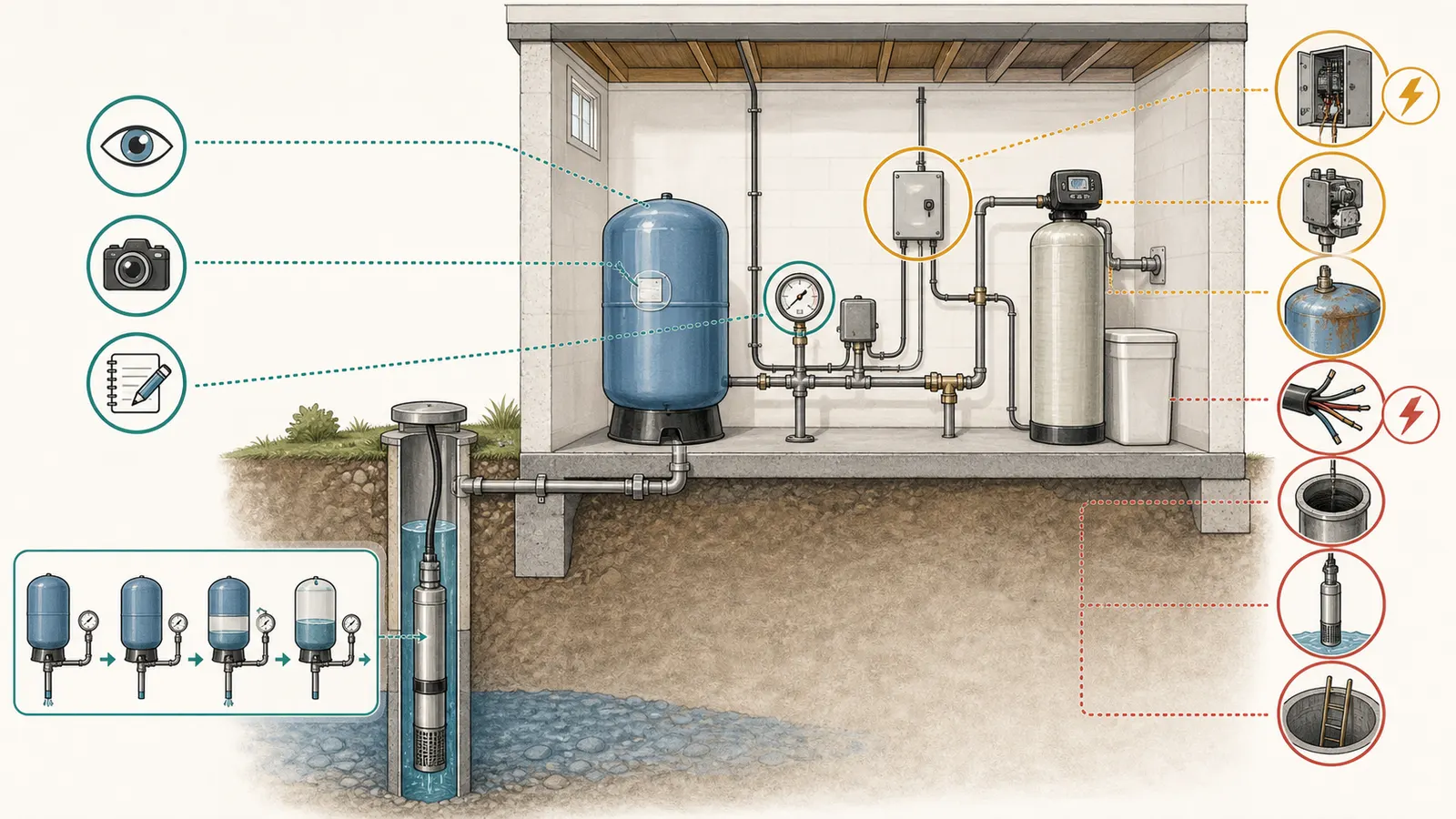 Safety boundary around pressure switch, relief valve, pressure tank, well opening, and electrical controls