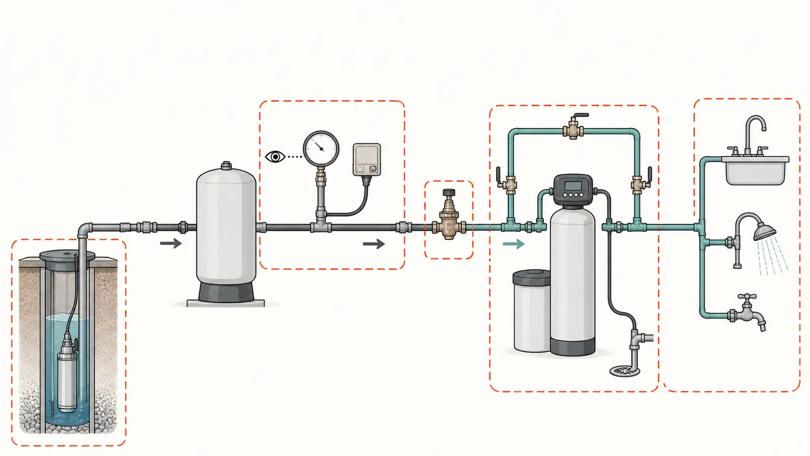Private-well pressure path from pump and tank through the softener to household fixtures
