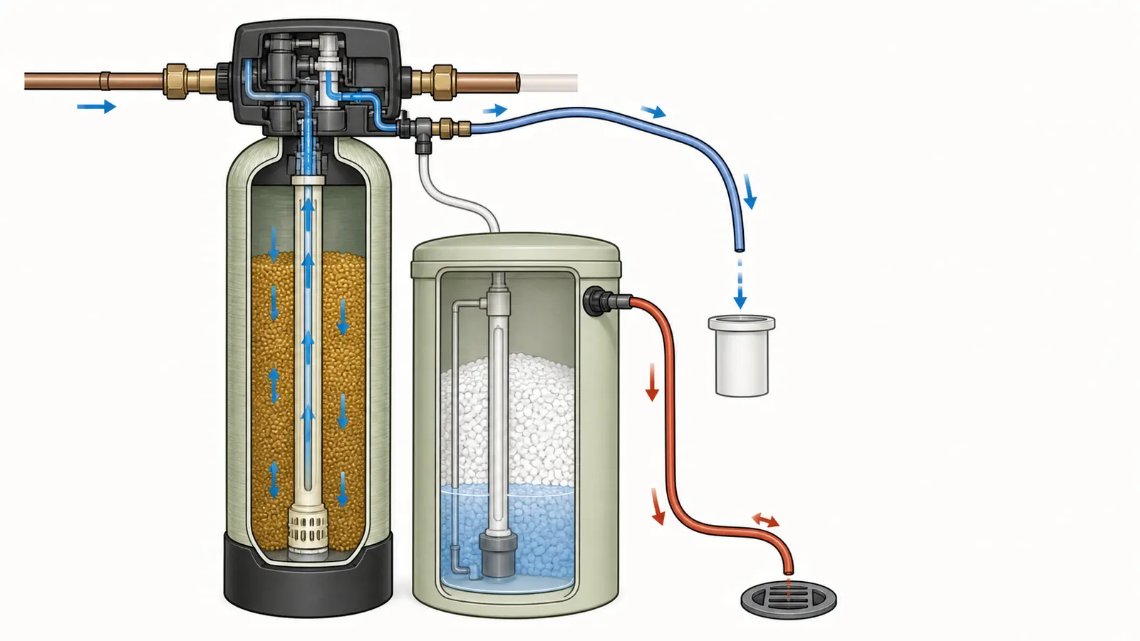 Softener cutaway separating the pressurized valve drain from the gravity brine-tank overflow