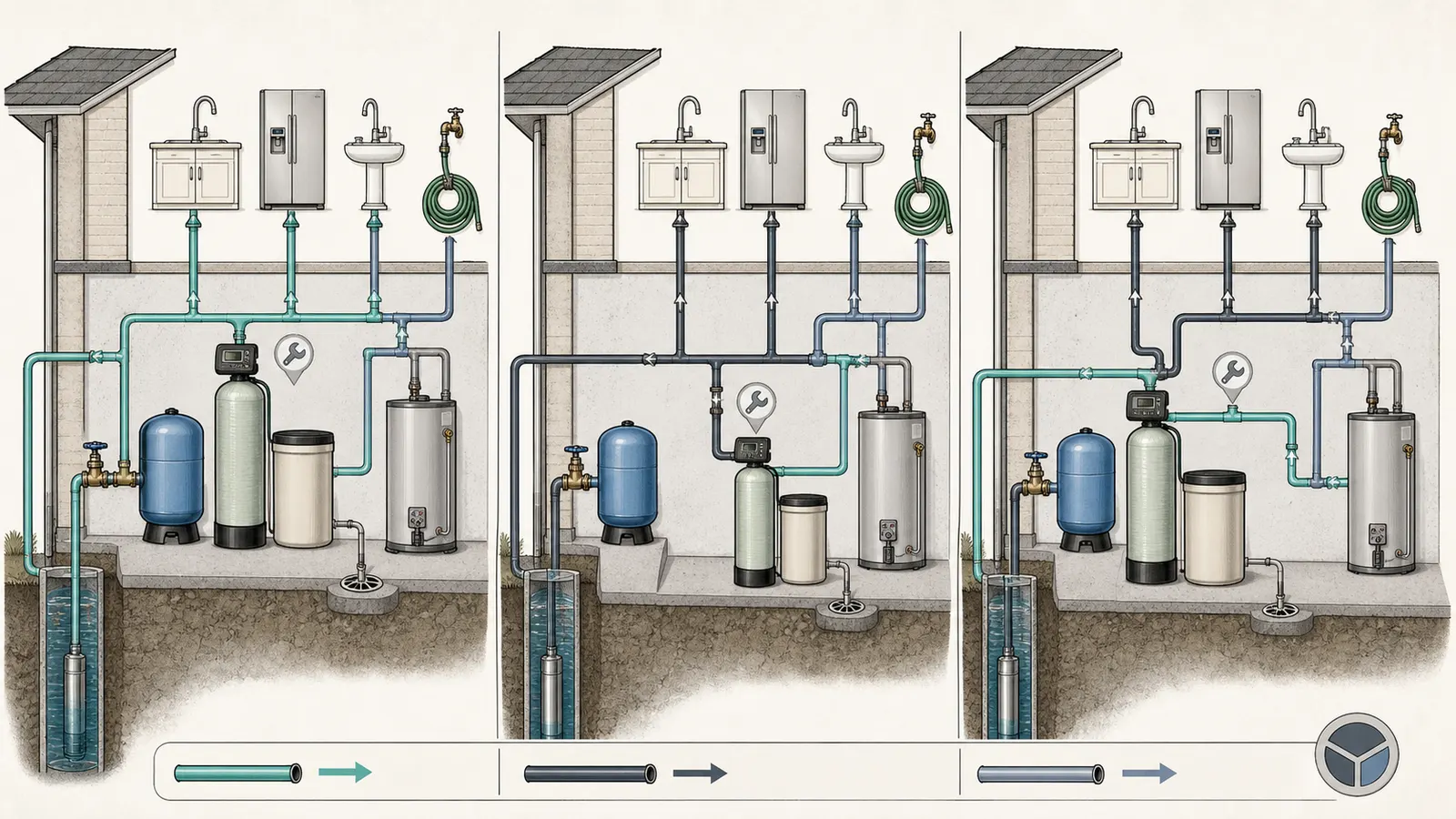 Three residential plumbing layouts: whole-house softening, hot-water-only softening, and an unsoftened drinking branch